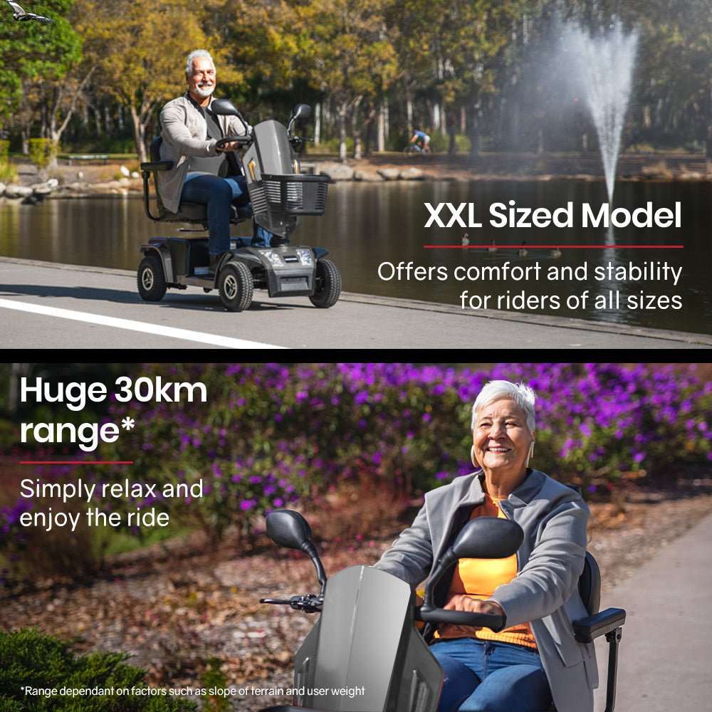 Grey Equipmed VentureCruise mobility scooter with adjustable seat and armrests, 30km range, and 180kg capacity
