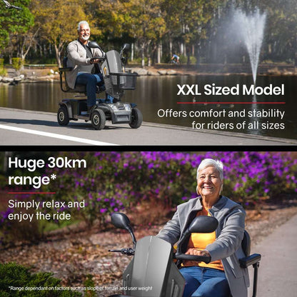 Grey Equipmed VentureCruise mobility scooter with adjustable seat and armrests, 30km range, and 180kg capacity