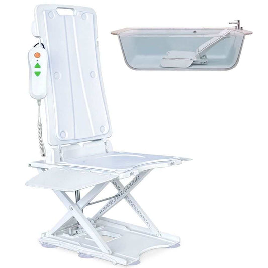 White Equipmed Motorised Bath Lift Chair with electric reclining seat and remote control for elderly and disabled users