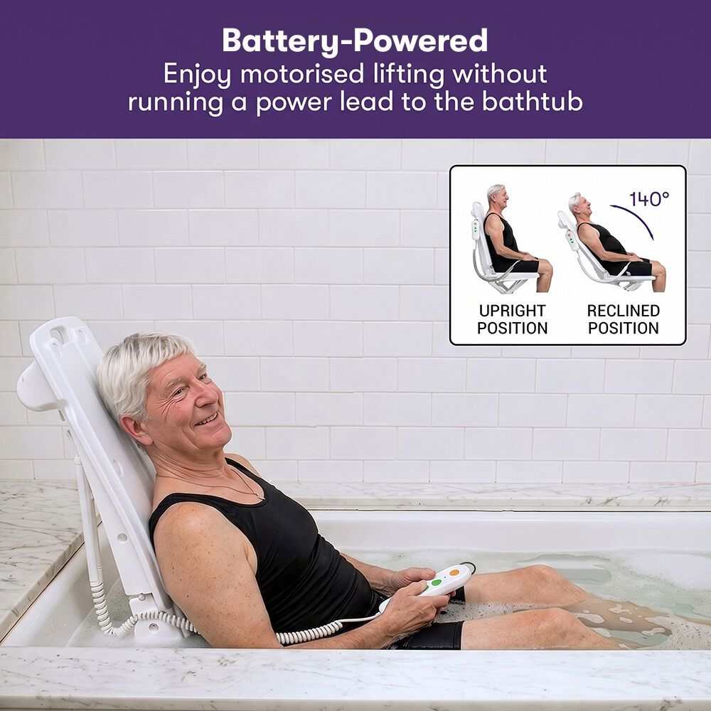 Equipmed white motorised bath lift chair with reclining waterproof seat and wired remote control