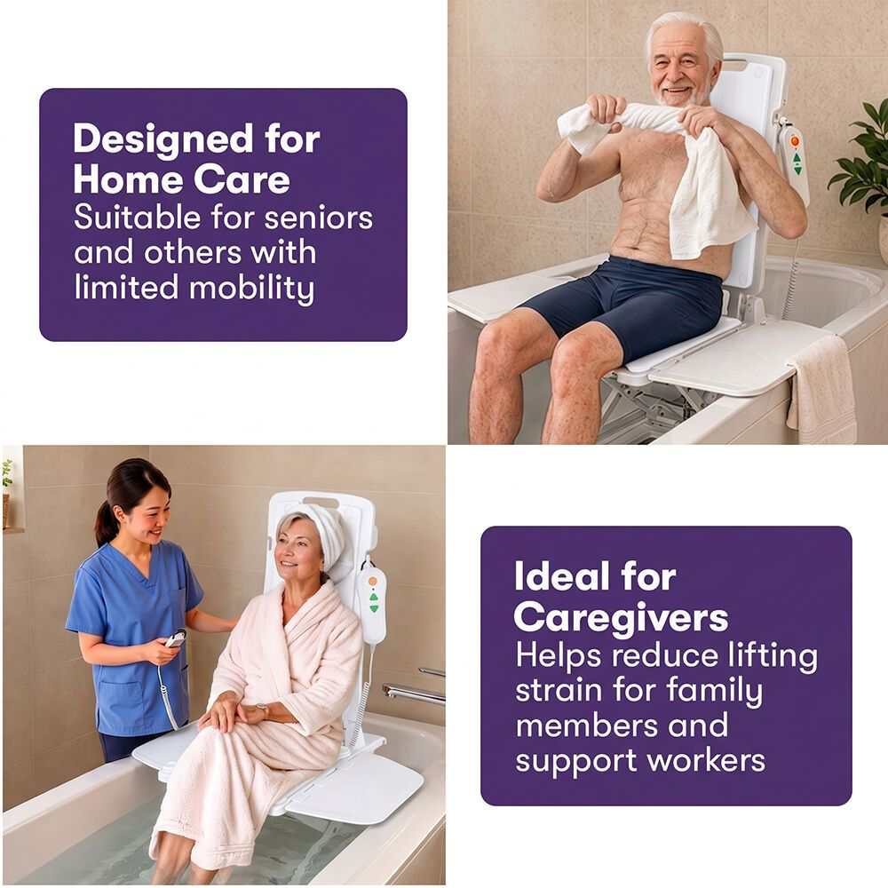 Equipmed white motorised bath lift chair with reclining seat and remote control for elderly and disabled users