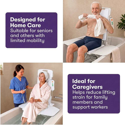 Equipmed white motorised bath lift chair with reclining seat and remote control for elderly and disabled users