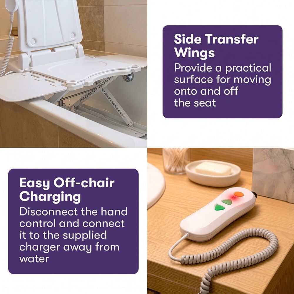 White Equipmed motorised bath lift chair with reclining seat and wired remote control for elderly and disabled users