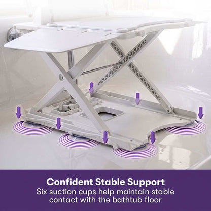 White Equipmed motorised bath lift chair with reclining seat and remote control for elderly and disabled users