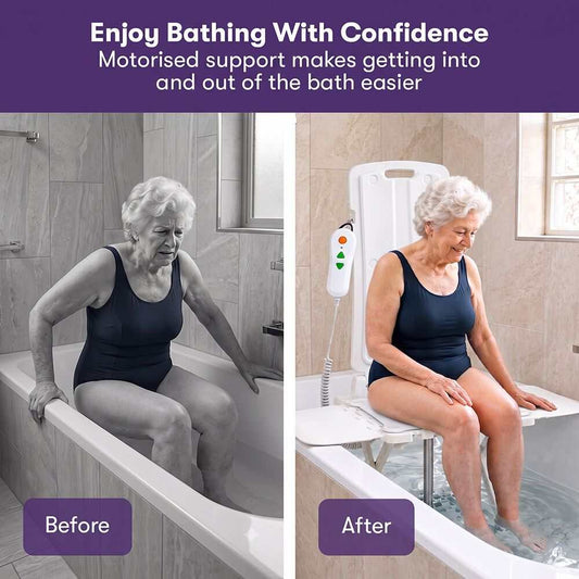 White Motorised Bath Lift Chair with reclining seat and wired remote for elderly and disabled users