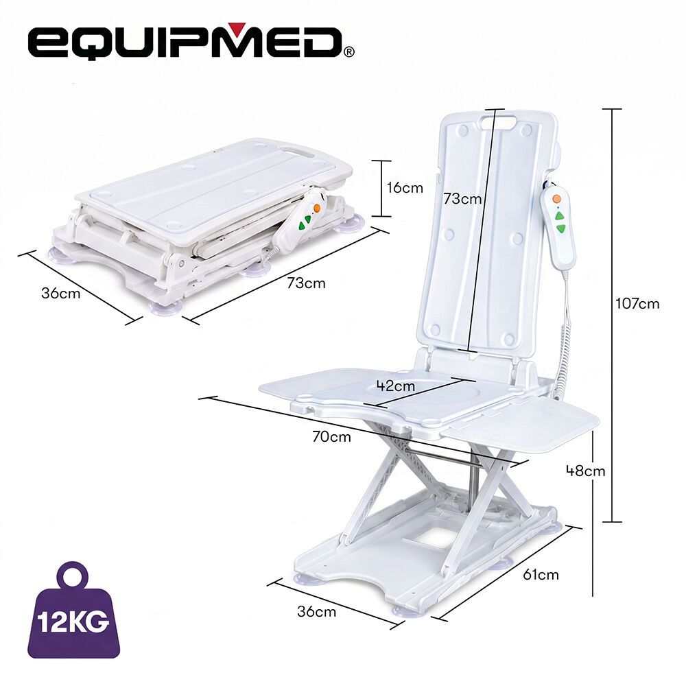 White Equipmed Motorised Bath Lift Chair with electric reclining seat and remote control for elderly and disabled users up to 136kg capacity