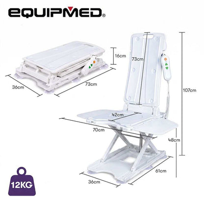 White Equipmed Motorised Bath Lift Chair with electric reclining seat and remote control for elderly and disabled users up to 136kg capacity