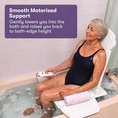 White Equipmed motorised bath lift chair with reclining seat and wired remote control for elderly and disabled users