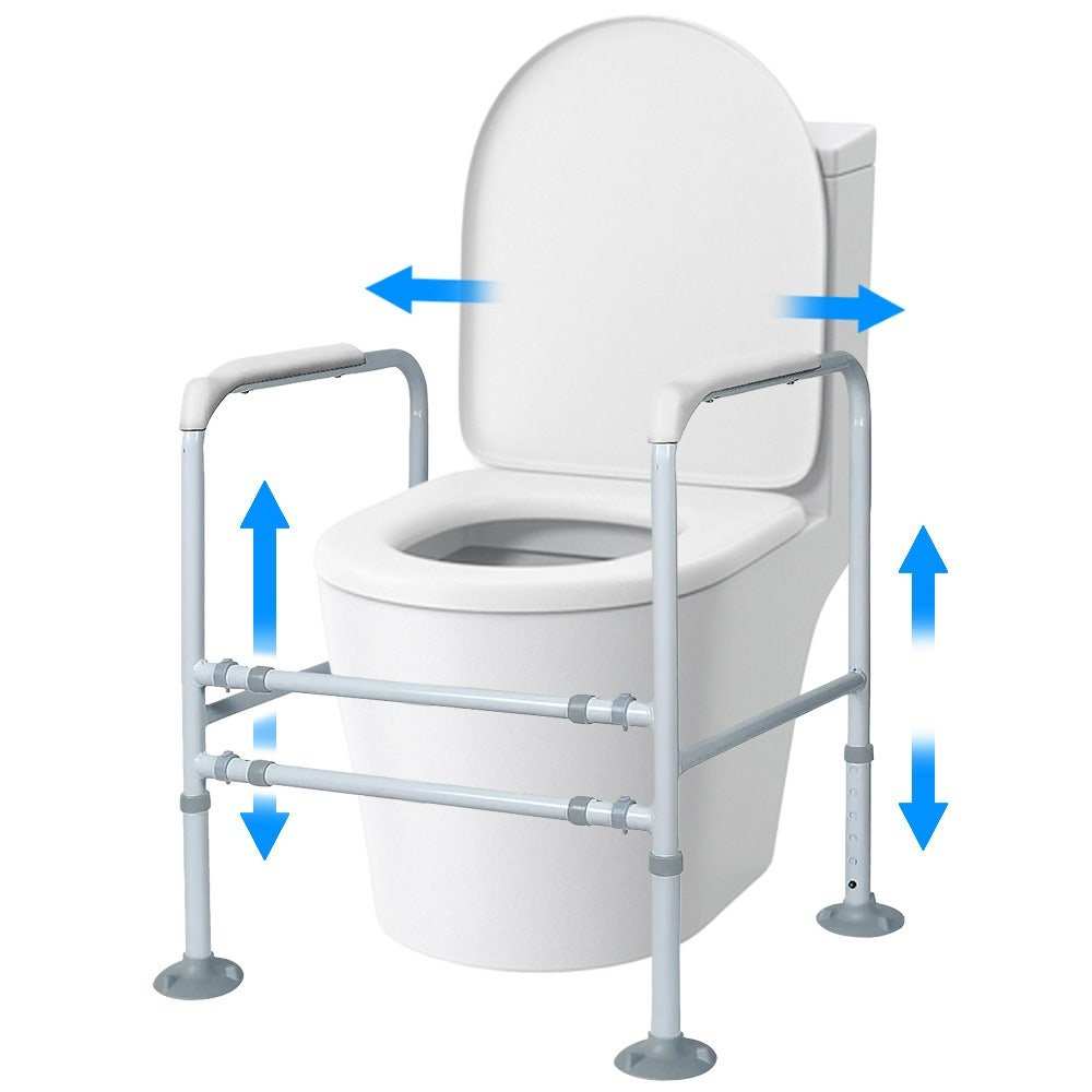 Equipmed Over Toilet Support Frame with adjustable height and width, padded handrails, and non-slip feet for bathroom safety and independence