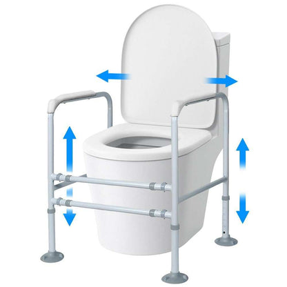 Equipmed Over Toilet Support Frame with adjustable height and width, padded handrails, and non-slip feet for bathroom safety and independence