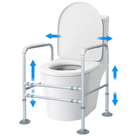 Equipmed Over Toilet Support Frame with adjustable height and width, padded handrails, and non-slip feet for bathroom safety and independence