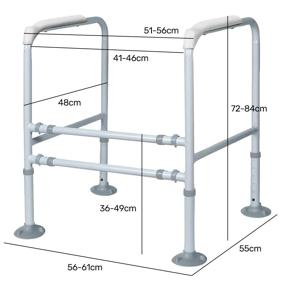 Equipmed over toilet support frame with adjustable height and width, padded handrails, and non-slip rubber feet for bathroom safety and independence