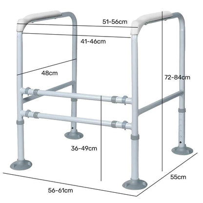 Equipmed over toilet support frame with adjustable height and width, padded handrails, and non-slip rubber feet for bathroom safety and independence