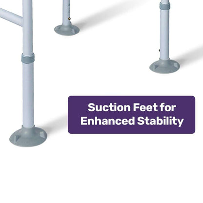 Equipmed Over Toilet Support Frame with adjustable height and width, lightweight aluminium, padded handrails, and non-slip rubber foot pads