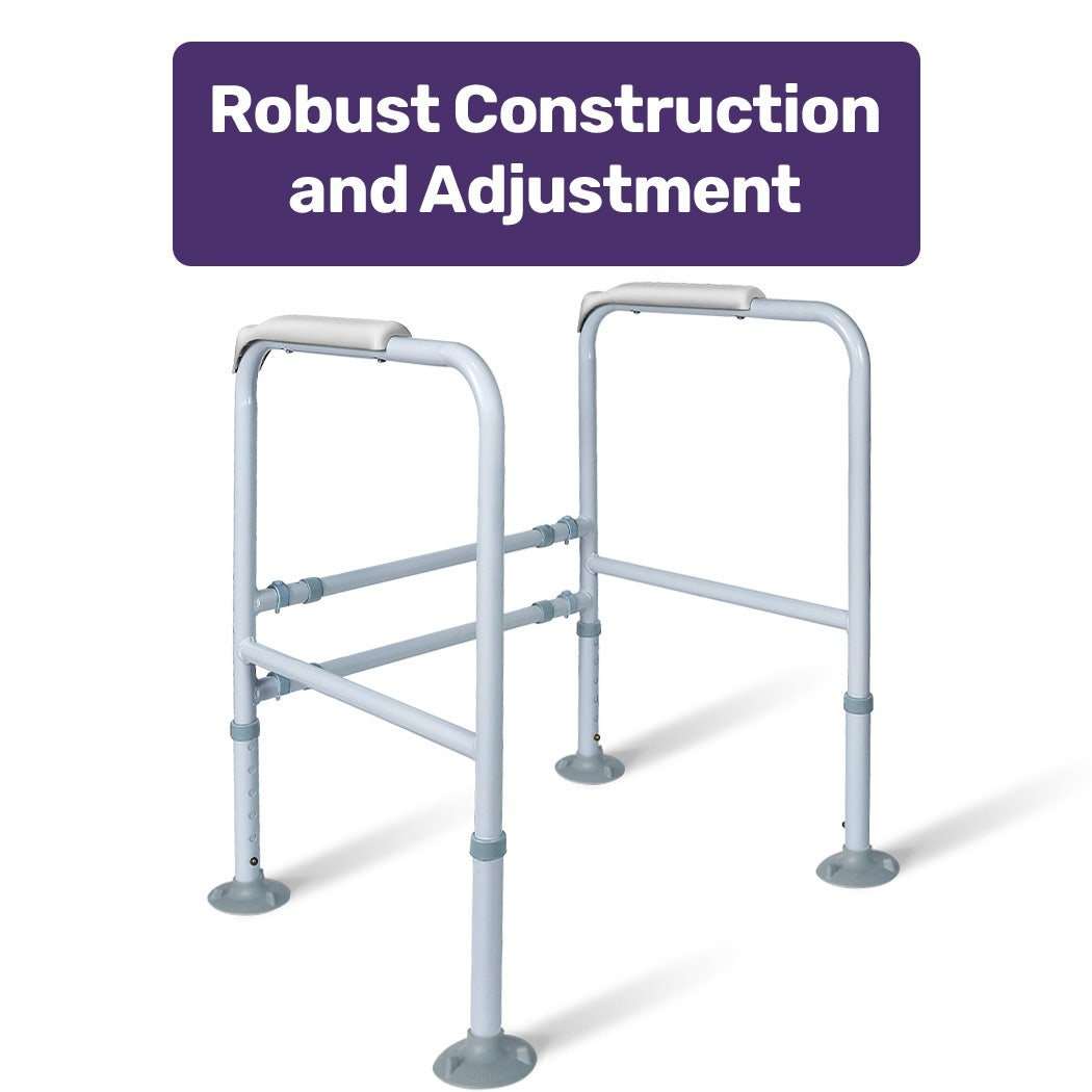 Equipmed Over Toilet Support Frame made of lightweight aluminium with adjustable height and width and padded handrails for safety and stability