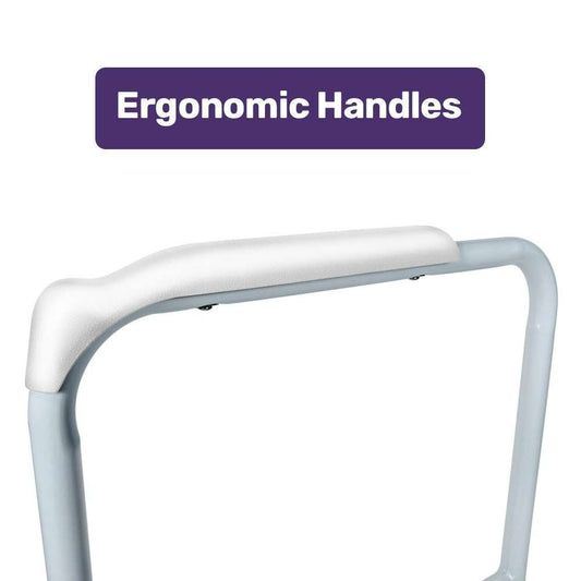 Equipmed over toilet support frame with adjustable height and width, padded handrails, and non-slip rubber feet for bathroom safety and independence