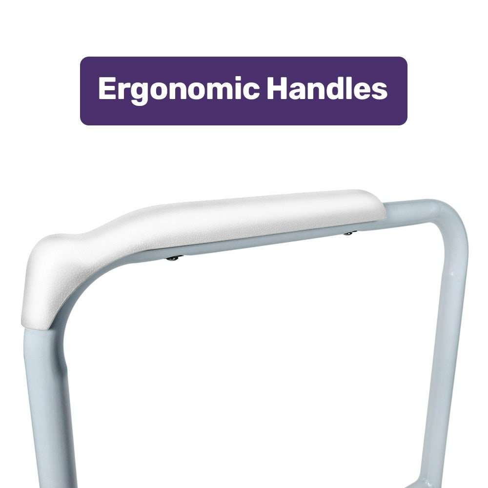 Equipmed over toilet support frame with adjustable height and width, padded handrails, and non-slip rubber feet for bathroom safety and independence