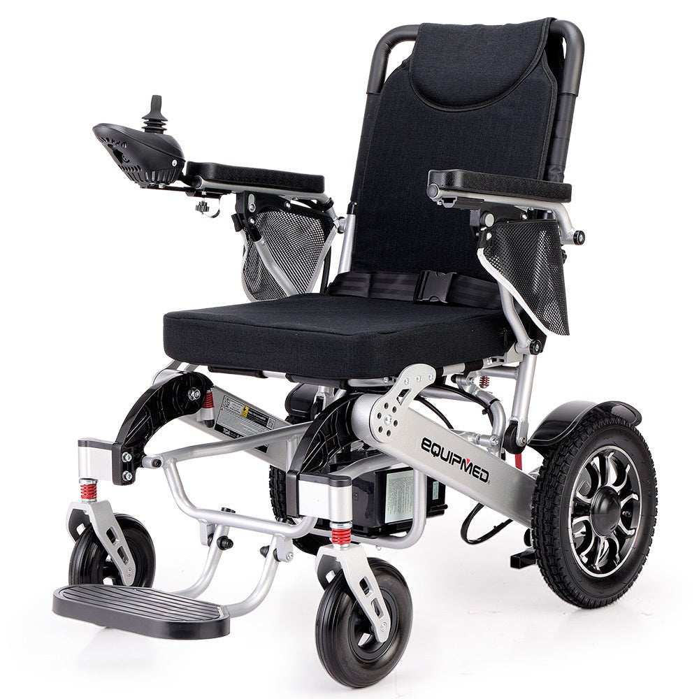 Equipmed PowerCruise LongRange Premium+ black and silver power electric wheelchair with folding frame and large rear wheels