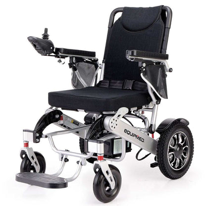 Equipmed PowerCruise LongRange Premium+ black and silver power electric wheelchair with folding frame and large rear wheels