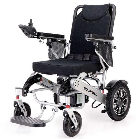 Equipmed PowerCruise LongRange Premium+ black and silver power electric wheelchair with folding frame and large rear wheels