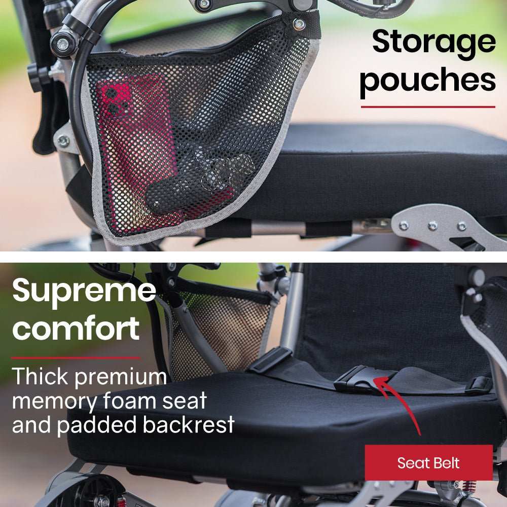 Equipmed PowerCruise LongRange Premium+ black and silver power electric wheelchair with folding design and lithium battery
