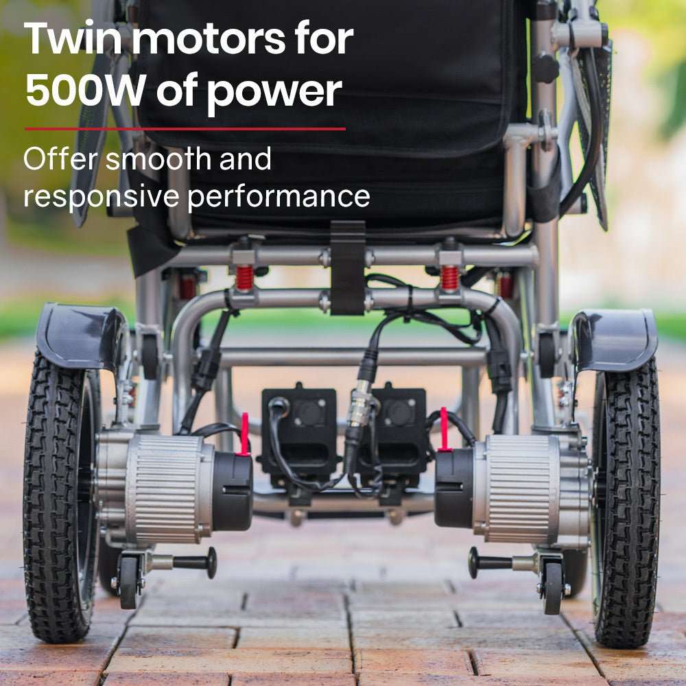 Equipmed Power Electric Wheelchair folding lightweight black silver with long range and lithium battery