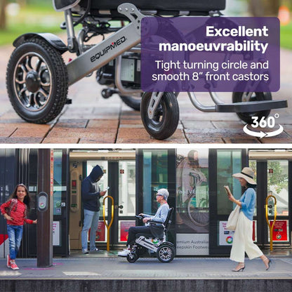Equipmed Power Electric Wheelchair in black and silver with folding design, long-range lithium battery, joystick control, and large air-filled rear wheels