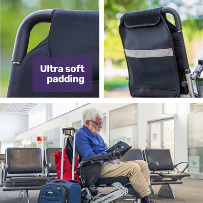 Equipmed PowerCruise LongRange Premium+ lightweight folding power electric wheelchair with lithium battery and joystick control