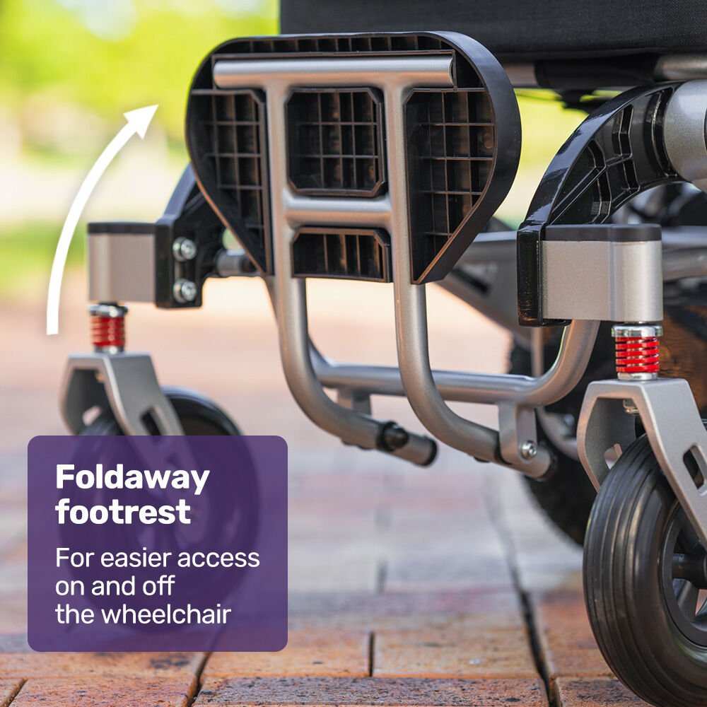 Equipmed Power Electric Wheelchair in black and silver with folding design and long-range lithium battery