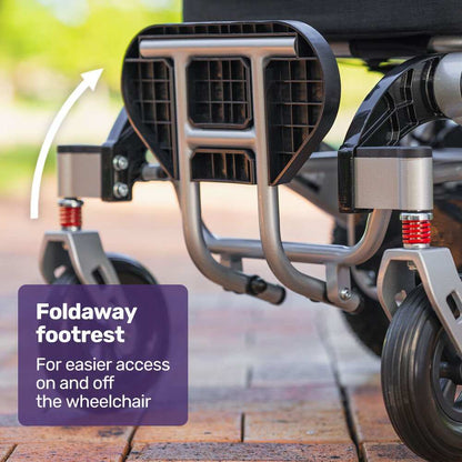 Equipmed Power Electric Wheelchair in black and silver with folding design and long-range lithium battery
