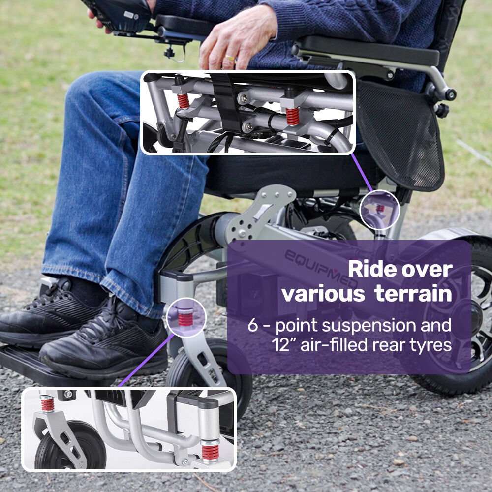Equipmed Power Electric Wheelchair folding lightweight with long-range lithium battery and adjustable recline in black and silver