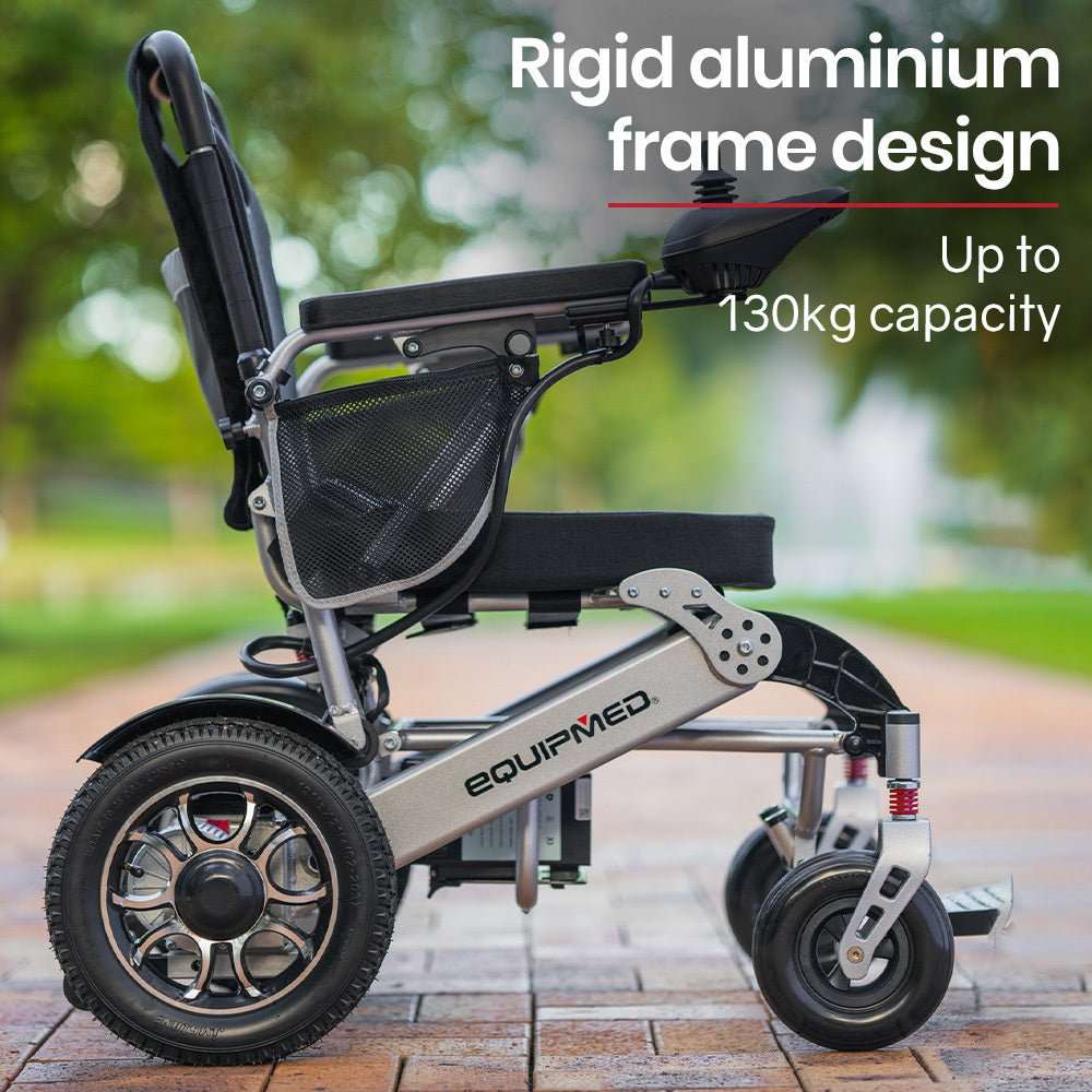 Equipmed Power Electric Wheelchair in black and silver, lightweight, folding design with lithium batteries, long 20km range, and ergonomic memory foam seating
