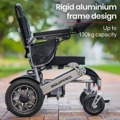 Equipmed Power Electric Wheelchair in black and silver, lightweight, folding design with lithium batteries, long 20km range, and ergonomic memory foam seating