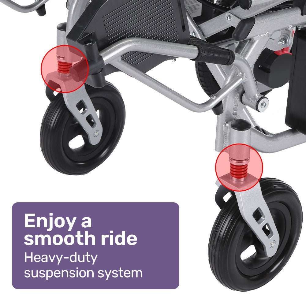 Silver Equipmed PowerCruise Transit+ lightweight electric wheelchair with lithium batteries and airline approval