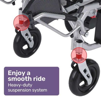 Silver Equipmed PowerCruise Transit+ lightweight electric wheelchair with lithium batteries and airline approval
