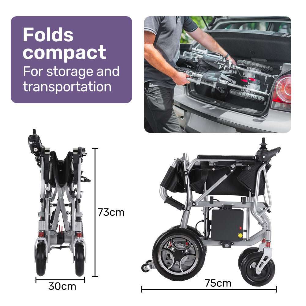 Silver Equipmed Power Electric Wheelchair with lithium batteries and foldable lightweight aluminum frame