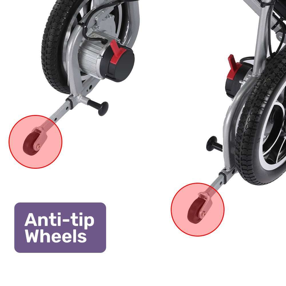 Equipmed Power Electric Wheelchair silver lightweight foldable with lithium batteries and joystick control