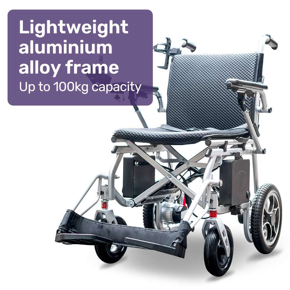 Equipmed Power Electric Wheelchair silver lightweight foldable with lithium batteries and joystick controls