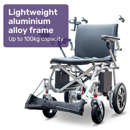 Equipmed Power Electric Wheelchair silver lightweight foldable with lithium batteries and joystick controls