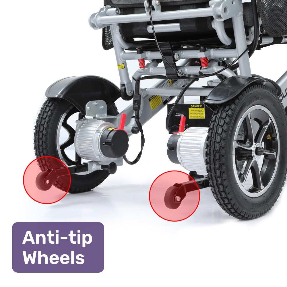 Equipmed Power Electric Wheelchair with aluminium frame, reclining seat, lithium battery, folding design, and airline approved features