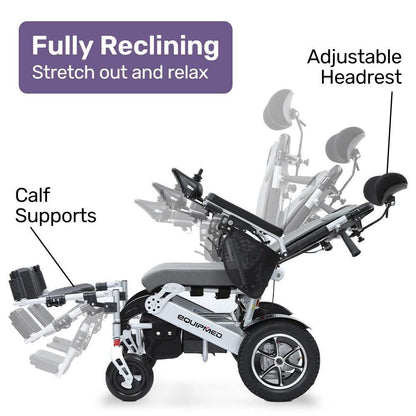 Equipmed PowerCruise Venture+ folding electric wheelchair with reclining seat, aluminium frame, lithium battery, and airline approved features.