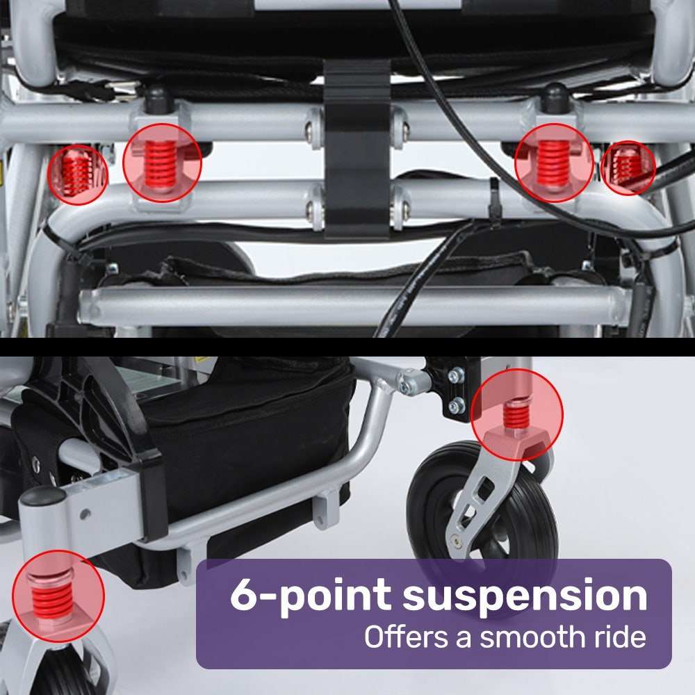 Equipmed Power Electric Wheelchair with folding aluminium frame, reclining backrest, headrest, and airline-approved lithium battery.