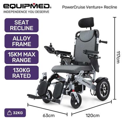 Equipmed PowerCruise Venture+ folding power electric wheelchair with aluminium frame, reclining seat, adjustable leg supports, lithium battery, and joystick control