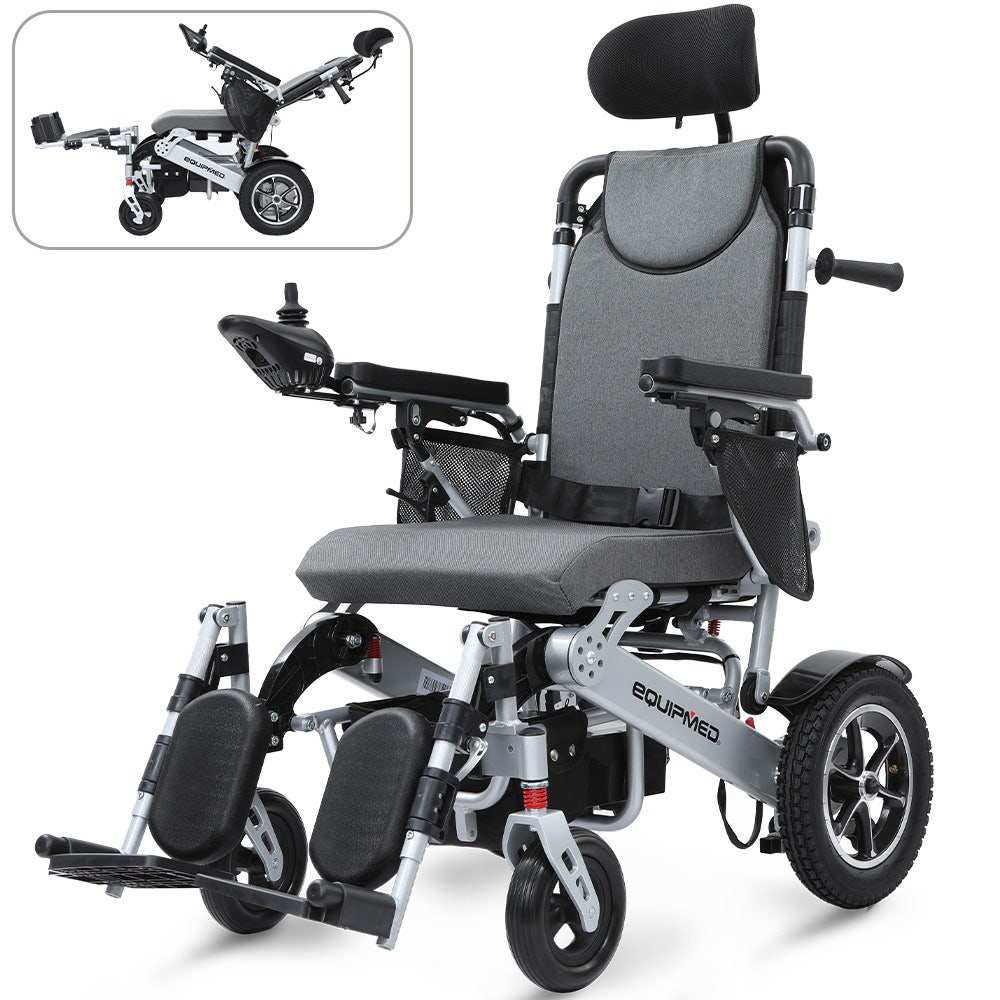 Equipmed PowerCruise Venture+ reclining power electric wheelchair with aluminium frame and airline-approved lithium battery