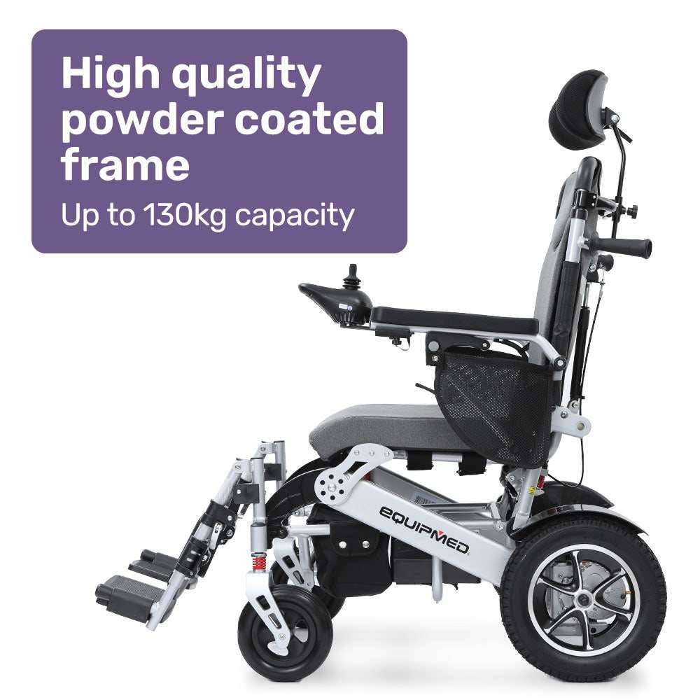 Equipmed Power Electric Wheelchair with folding aluminium frame, reclining seat, lithium battery, and airline-approved design