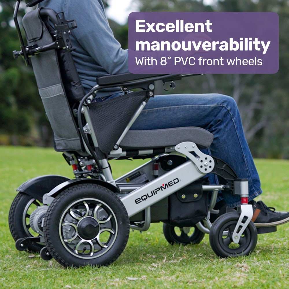 Equipmed Power Electric Wheelchair with long range, alloy frame, remote control, and lithium battery in black and silver