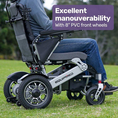 Equipmed Power Electric Wheelchair with long range, alloy frame, remote control, and lithium battery in black and silver