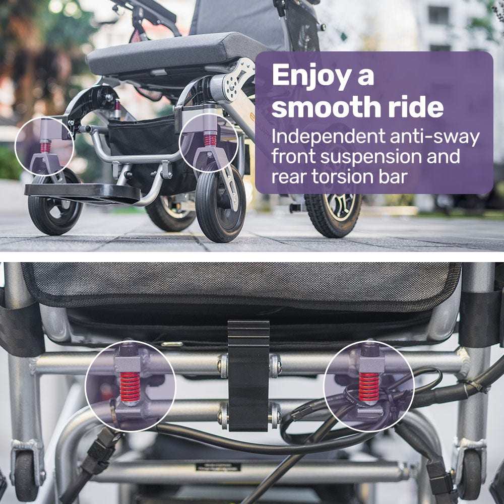 Equipmed PowerCruise Venture Comfort+ foldable black and silver electric wheelchair with remote control and lithium battery