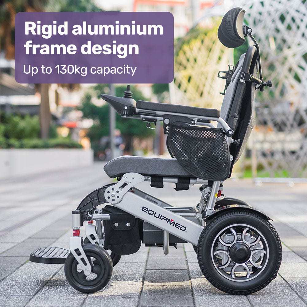 Equipmed Power Electric Wheelchair in black and silver with remote control and lithium battery