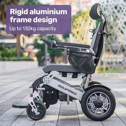 Equipmed Power Electric Wheelchair in black and silver with remote control and lithium battery